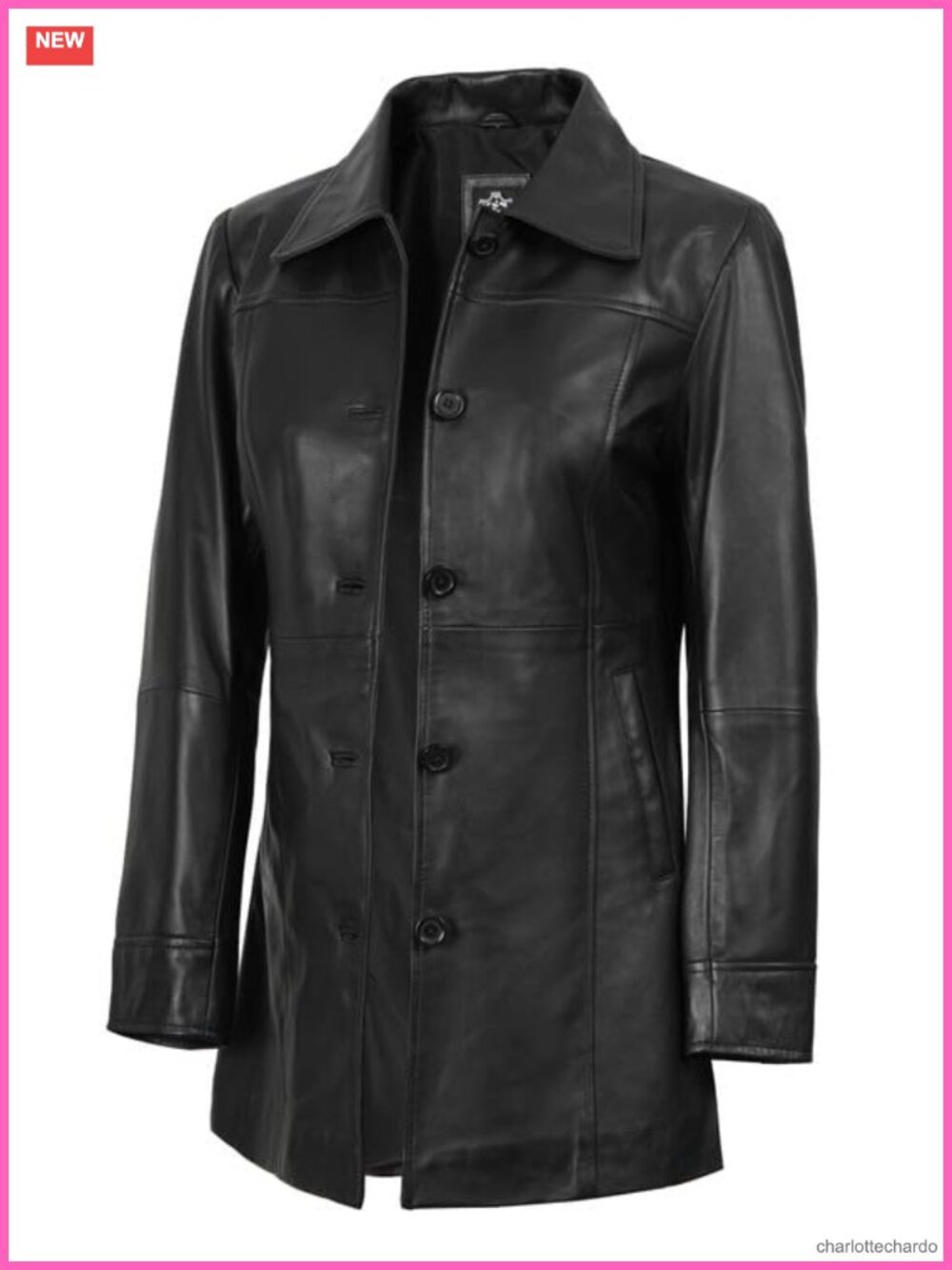 Real Lambskin 3/4 Length Leather Jacket Car Coat Button Closure Regular Fit